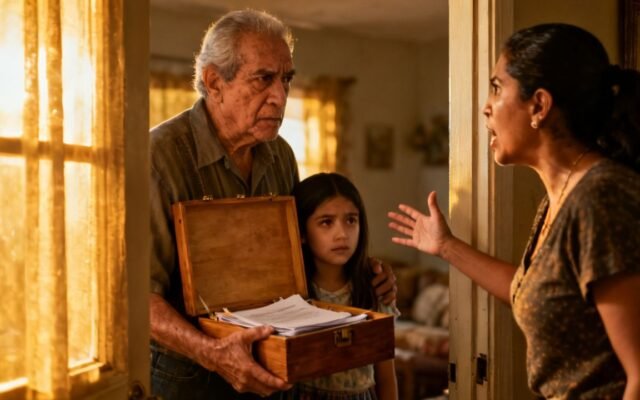 Abuelo con gorra sosteniendo una caja de madera frente a la puerta de la casa, mientras su nieta Valeria lo abraza