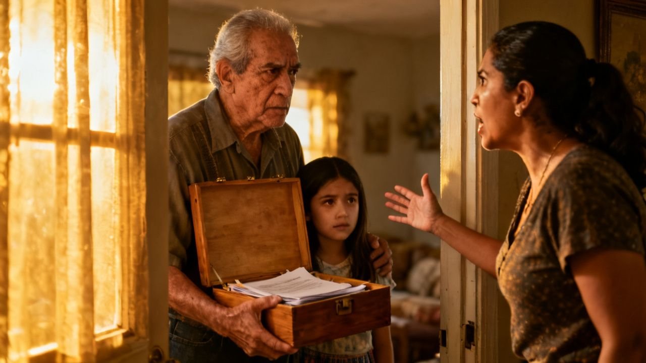Abuelo con gorra sosteniendo una caja de madera frente a la puerta de la casa, mientras su nieta Valeria lo abraza