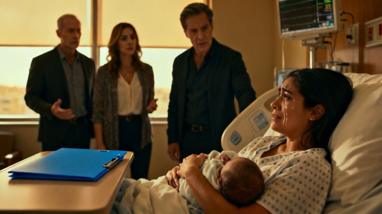 Madre joven sosteniendo a su bebé recién nacido en la habitación del hospital mientras rompe un documento frente a sus padres