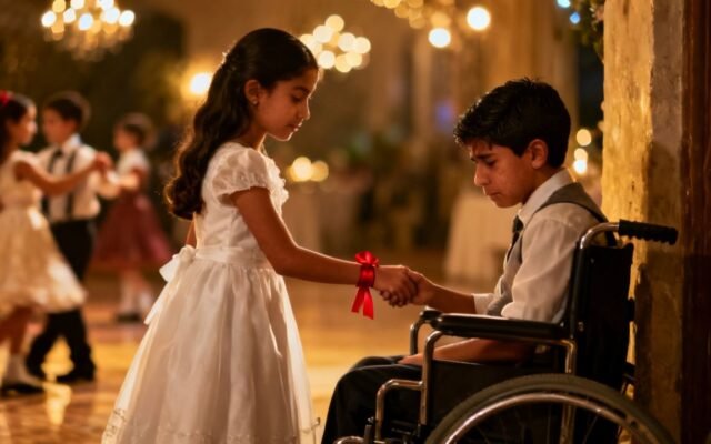 Niña de vestido blanco con cinta roja en la muñeca sostiene la mano de un niño en silla de ruedas durante un baile