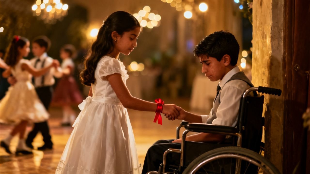 Niña de vestido blanco con cinta roja en la muñeca sostiene la mano de un niño en silla de ruedas durante un baile