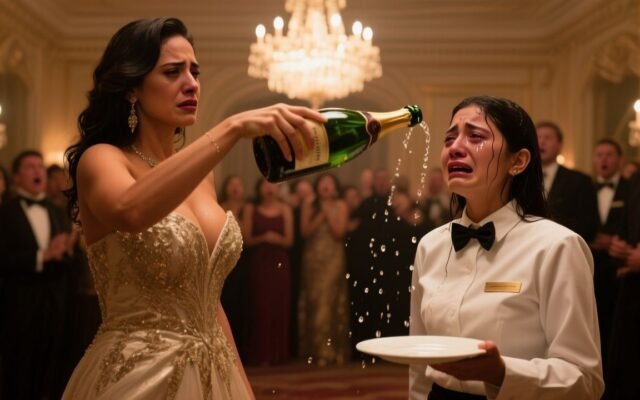 Mujer joven con uniforme de mesera siendo humillada con champagne en una elegante gala mientras los invitados observan la esc