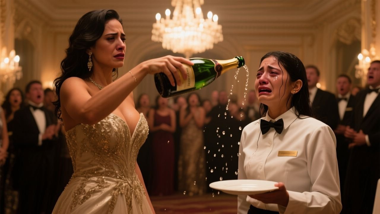 Mujer joven con uniforme de mesera siendo humillada con champagne en una elegante gala mientras los invitados observan la esc