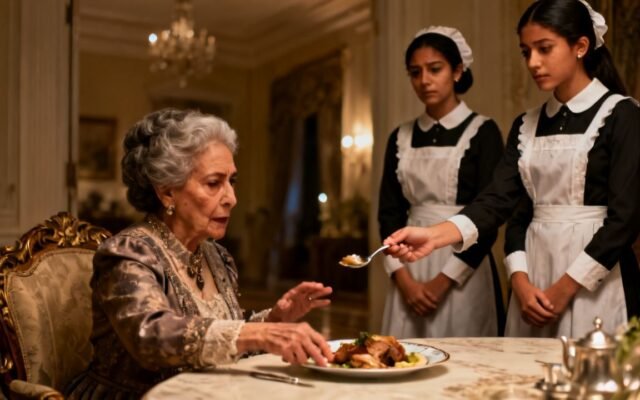Una empleada joven sostiene una cuchara con guiso frente a una anciana sentada a la mesa del comedor