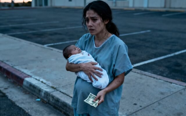 Mujer recién operada de cesárea abandonada en la calle con su bebé en brazos junto a una camioneta gris