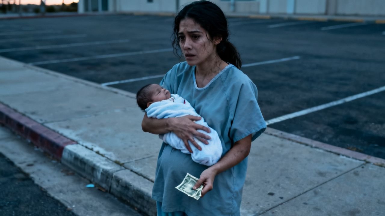 Mujer recién operada de cesárea abandonada en la calle con su bebé en brazos junto a una camioneta gris