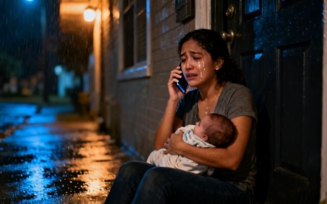 Joven madre con su bebé en brazos llamando a su padre en plena madrugada