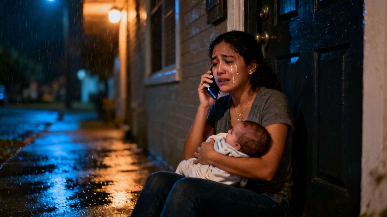 Joven madre con su bebé en brazos llamando a su padre en plena madrugada