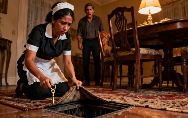 Empleada doméstica levanta la alfombra del comedor y descubre una escotilla oculta con llave en el suelo de la casa