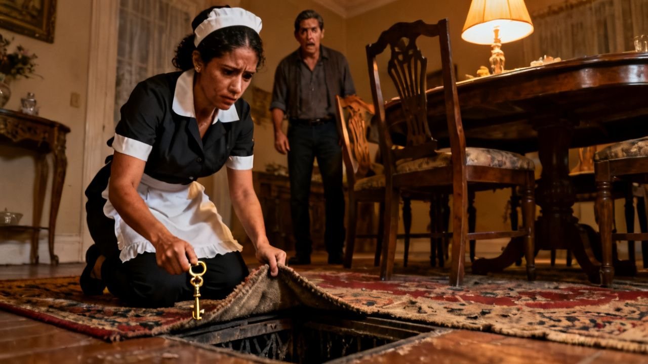 Empleada doméstica levanta la alfombra del comedor y descubre una escotilla oculta con llave en el suelo de la casa