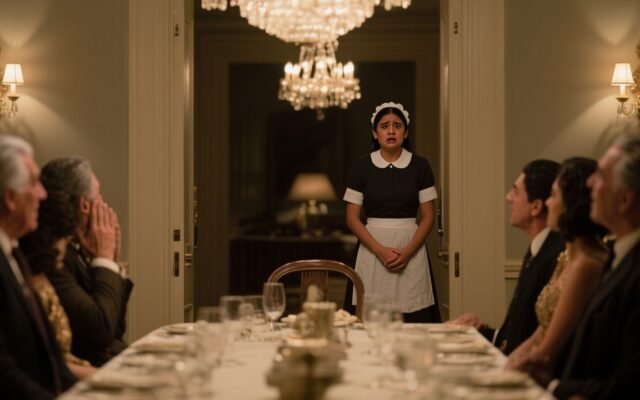 Joven empleada doméstica de uniforme azul sosteniendo un sobre arrugado en un elegante comedor con candelabros