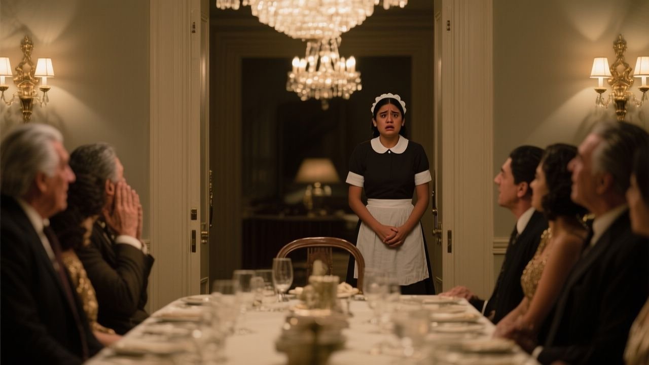 Joven empleada doméstica de uniforme azul sosteniendo un sobre arrugado en un elegante comedor con candelabros