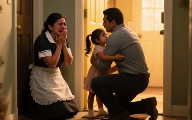 Niña de cuatro años abrazando a un hombre mayor en la cocina mientras su madre, la empleada doméstica, llora conmovida.