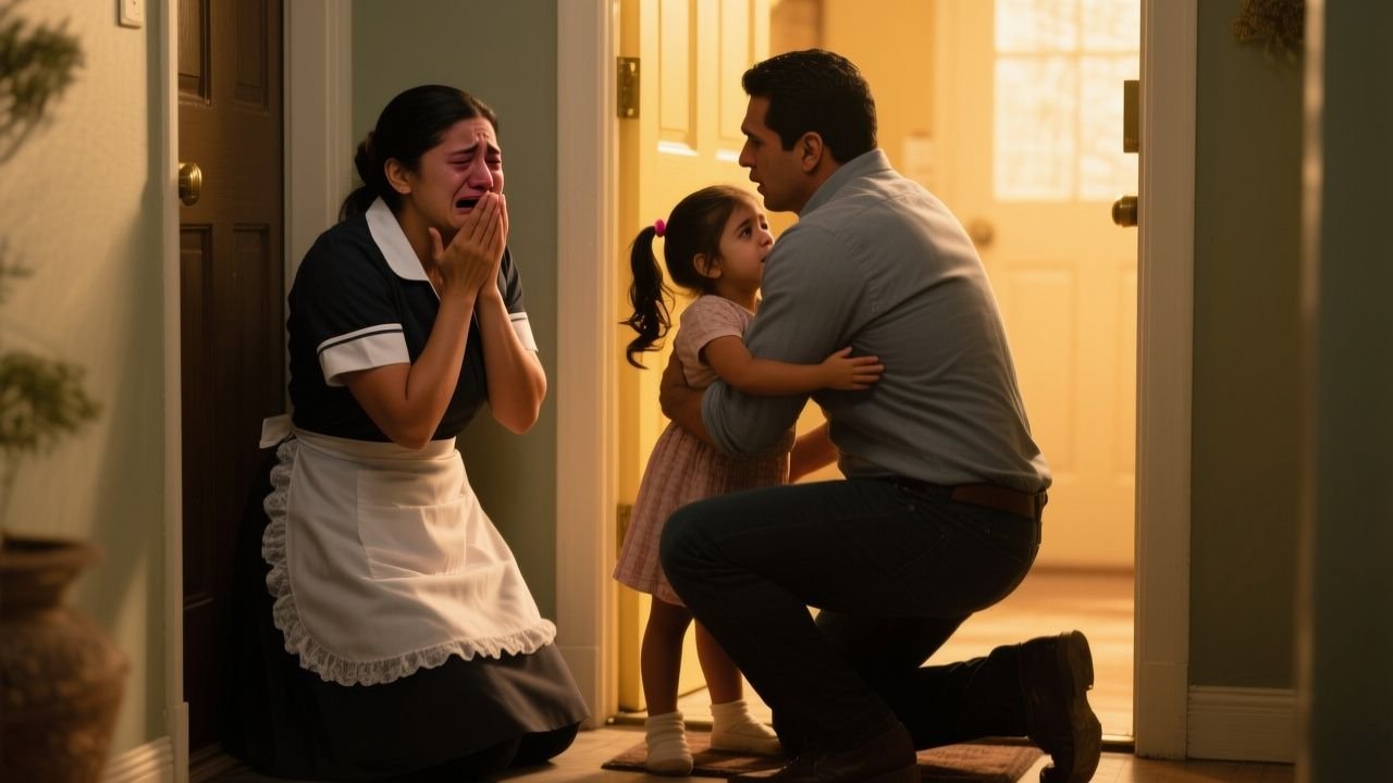 Niña de cuatro años abrazando a un hombre mayor en la cocina mientras su madre, la empleada doméstica, llora conmovida.