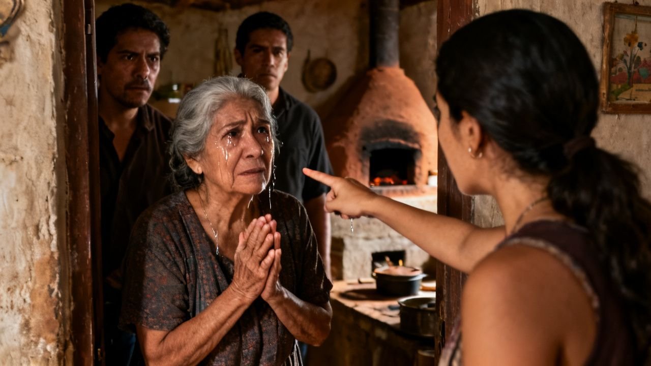 Mujer mayor con delantal sostiene la puerta de su cocina mientras su nuera y dos hombres le reclaman una estufa nueva