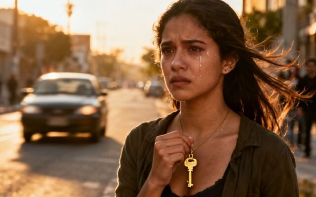 Mujer joven con una llave dorada colgada al cuello siendo bajada humillada de un auto en plena avenida