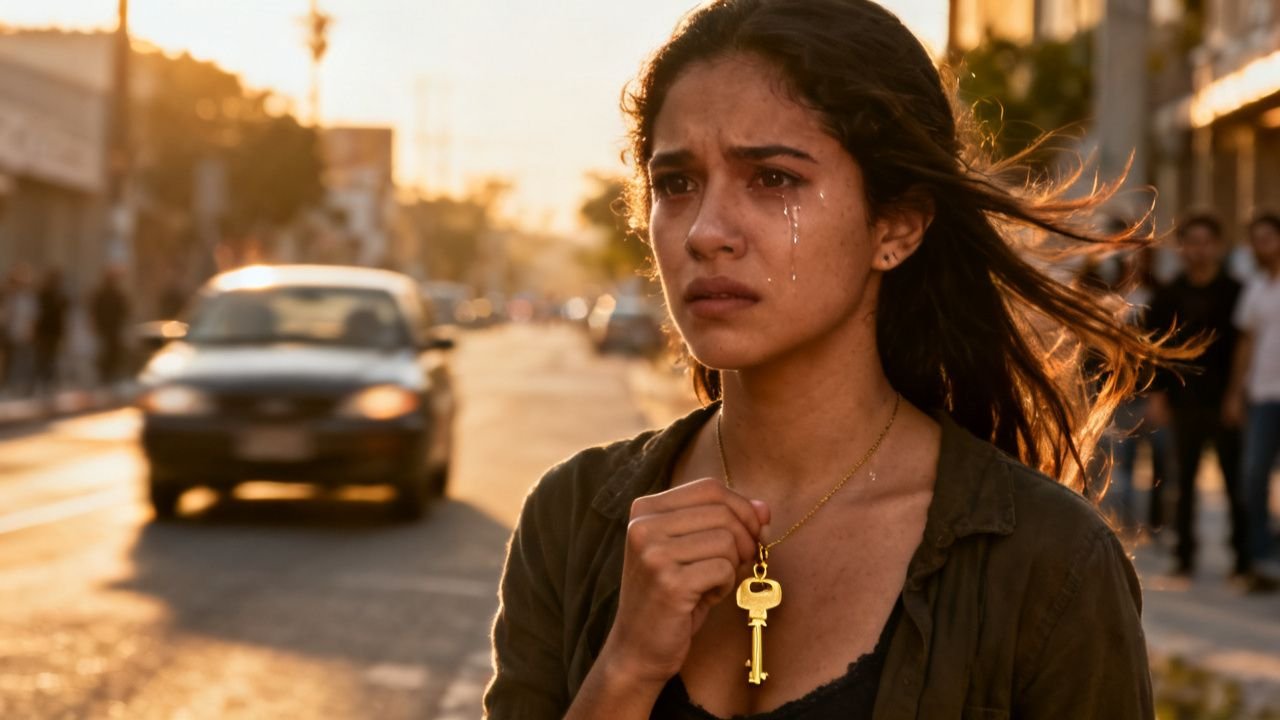 Mujer joven con una llave dorada colgada al cuello siendo bajada humillada de un auto en plena avenida