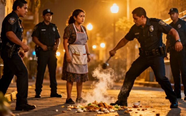 Vendedora de comida en su carreta atendiendo la mesa número siete a tres policías en la calle