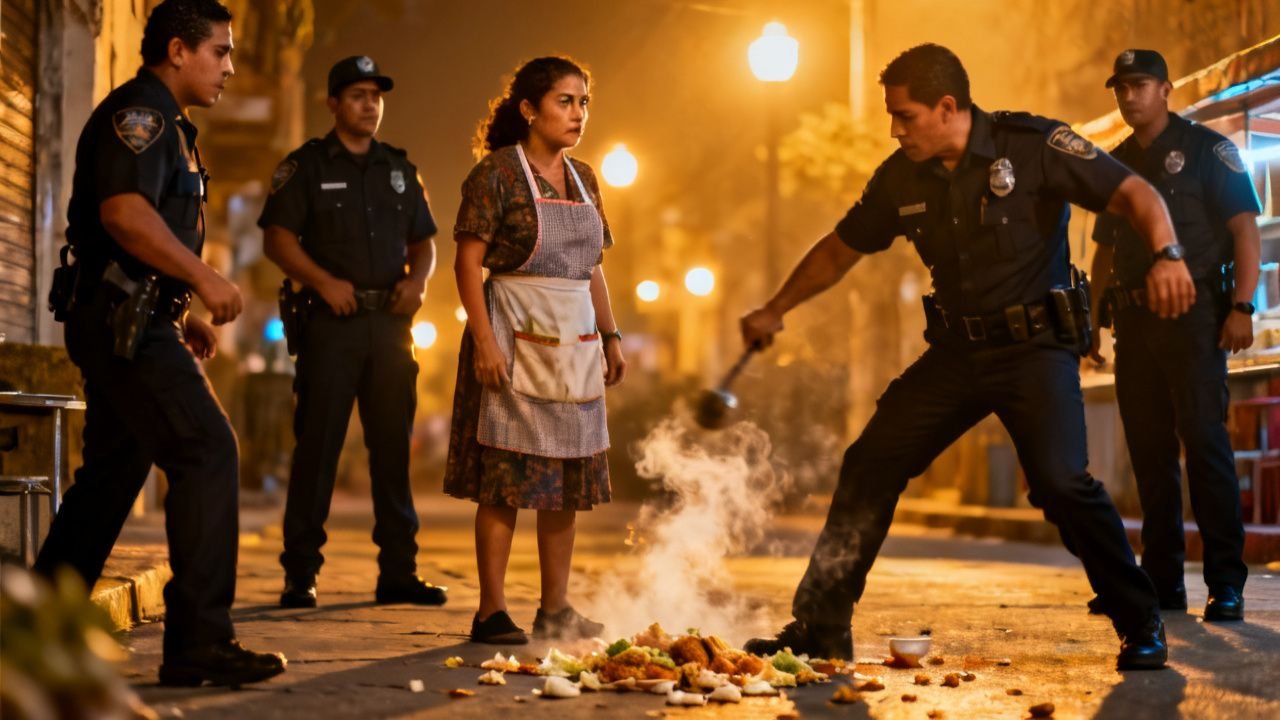 Vendedora de comida en su carreta atendiendo la mesa número siete a tres policías en la calle