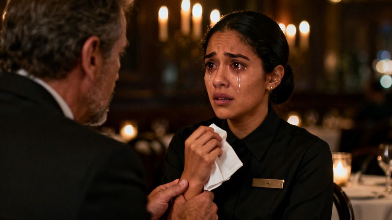 Mesera joven con uniforme de restaurante elegante temblando mientras arregla la servilleta de un cliente en la mesa 7