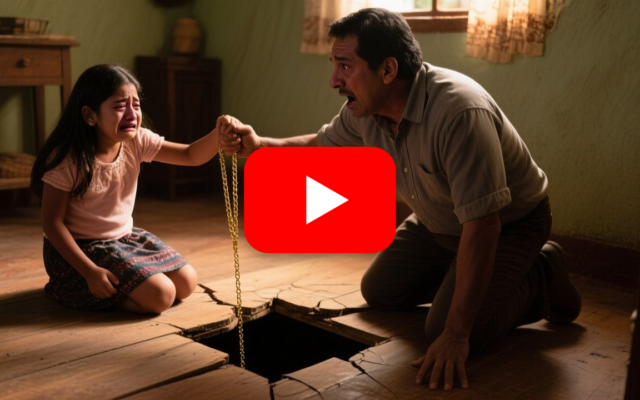 Niña de siete años arrodillada junto a una grieta del piso mostrando una cadena de oro con dije de corazón