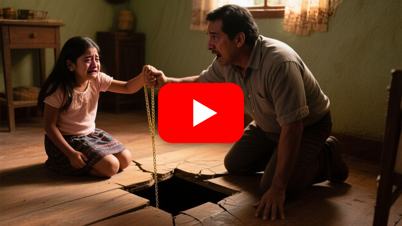 Niña de siete años arrodillada junto a una grieta del piso mostrando una cadena de oro con dije de corazón