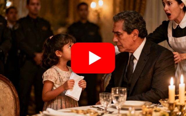 Niña de siete años de pie junto a la mesa de don Aurelio, el hombre más temido del pueblo, rodeado de sus guardaespaldas