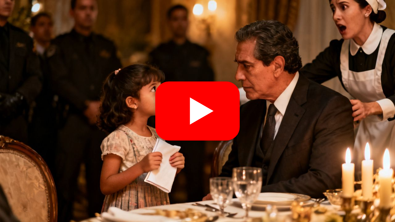 Niña de siete años de pie junto a la mesa de don Aurelio, el hombre más temido del pueblo, rodeado de sus guardaespaldas