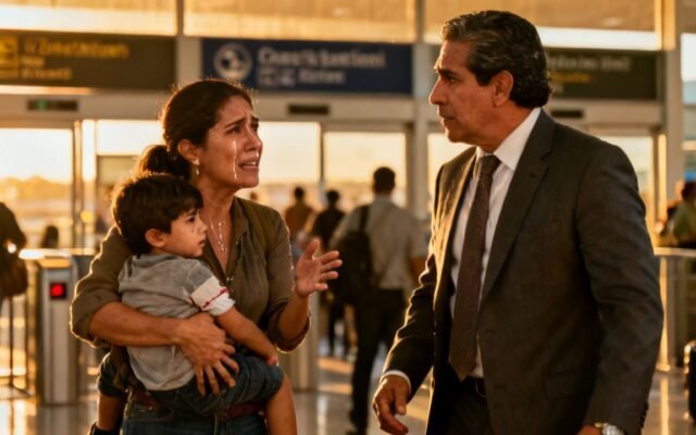 Madre cargando a su hijo enfermo en el aeropuerto mientras un empresario con traje gris se acerca para ofrecer ayuda