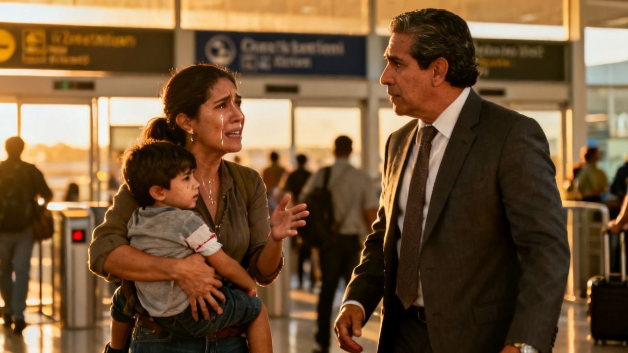 Madre cargando a su hijo enfermo en el aeropuerto mientras un empresario con traje gris se acerca para ofrecer ayuda