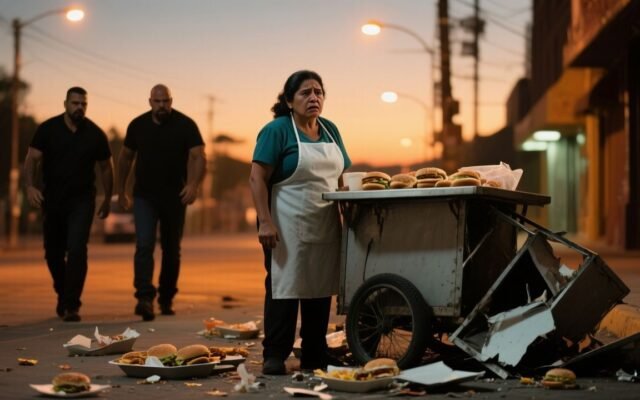 Puesto callejero de hamburguesas 'Las de Carmen' derribado en una esquina, con la caja azul de dinero en el suelo