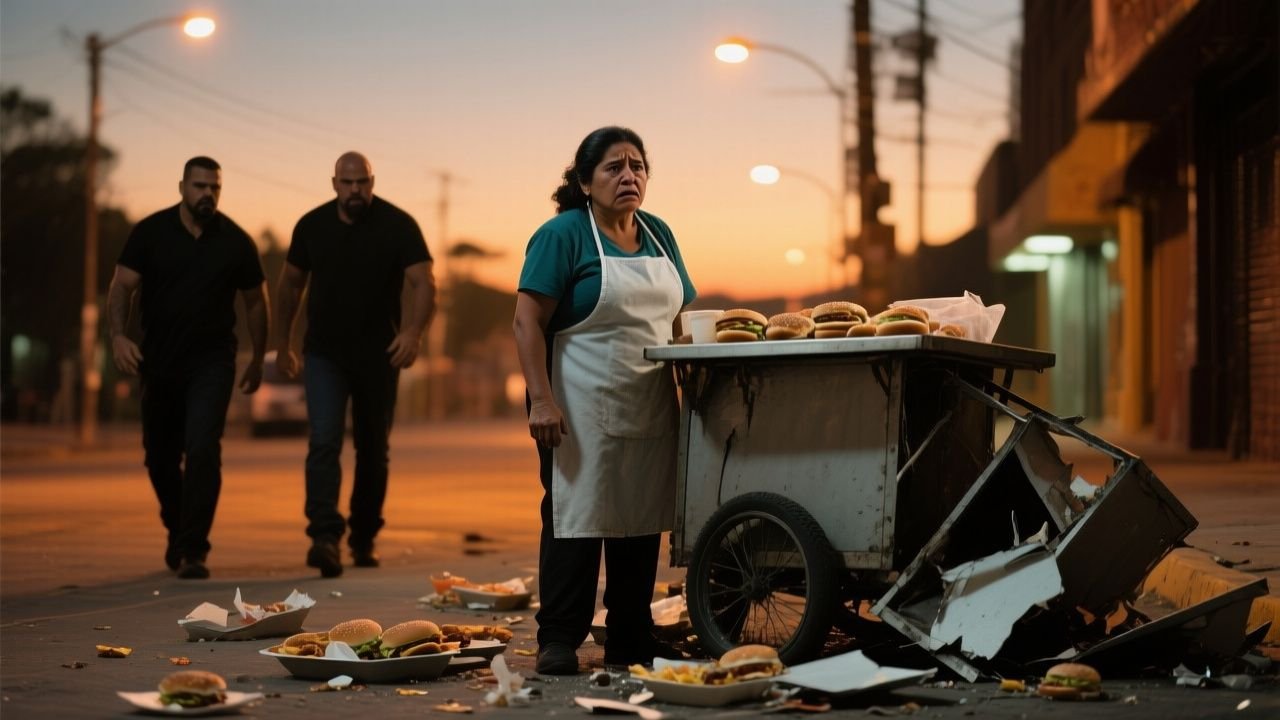 Puesto callejero de hamburguesas 'Las de Carmen' derribado en una esquina, con la caja azul de dinero en el suelo