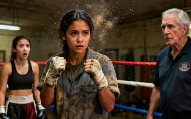 Mujer limpiadora con overol gris usando guantes de boxeo frente a un ring en un gimnasio