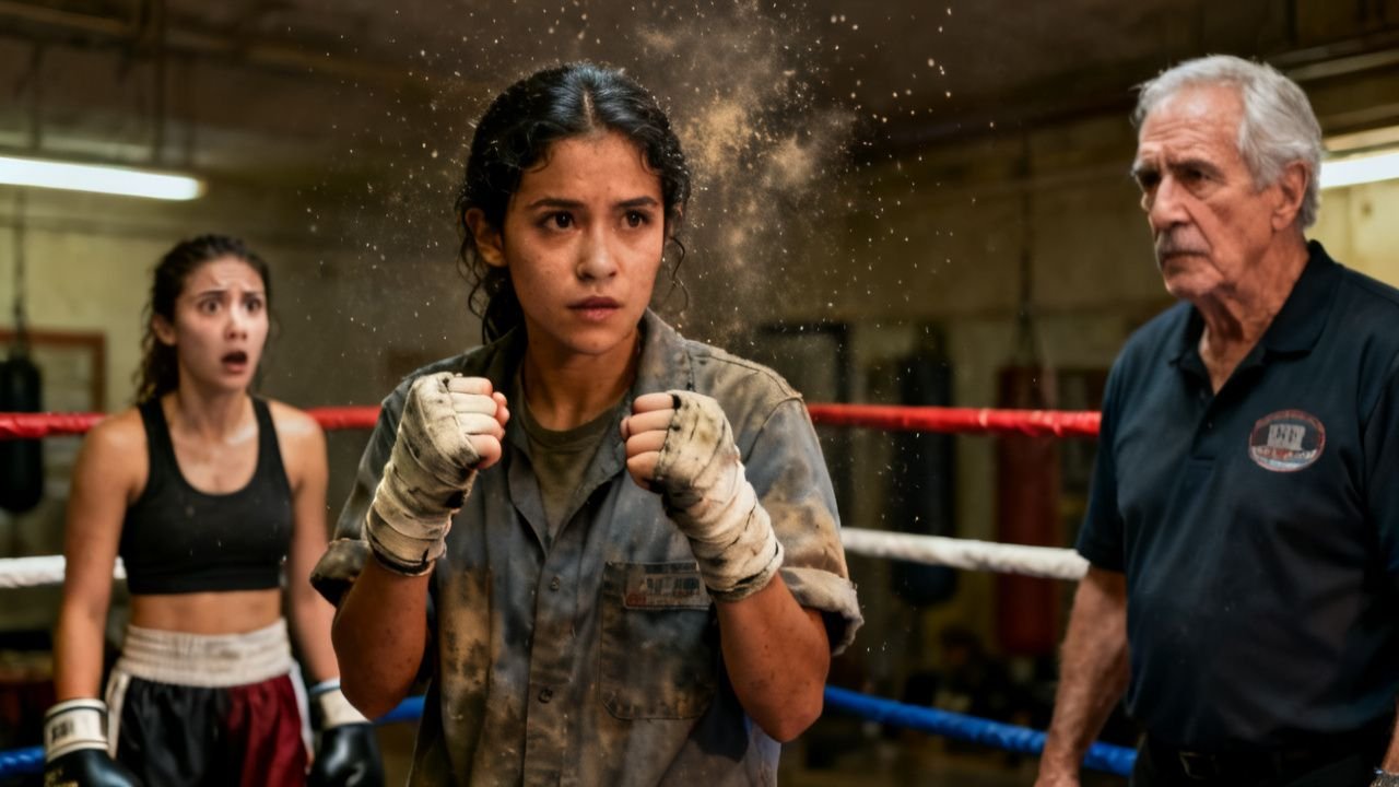 Mujer limpiadora con overol gris usando guantes de boxeo frente a un ring en un gimnasio