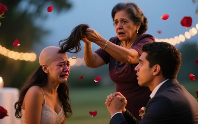 Mujer calva llorando tras que le arrancaran la peluca durante una propuesta de matrimonio