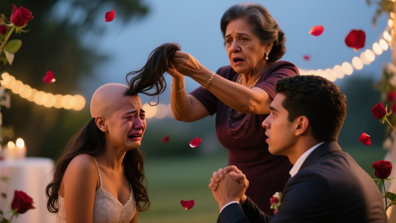 Mujer calva llorando tras que le arrancaran la peluca durante una propuesta de matrimonio