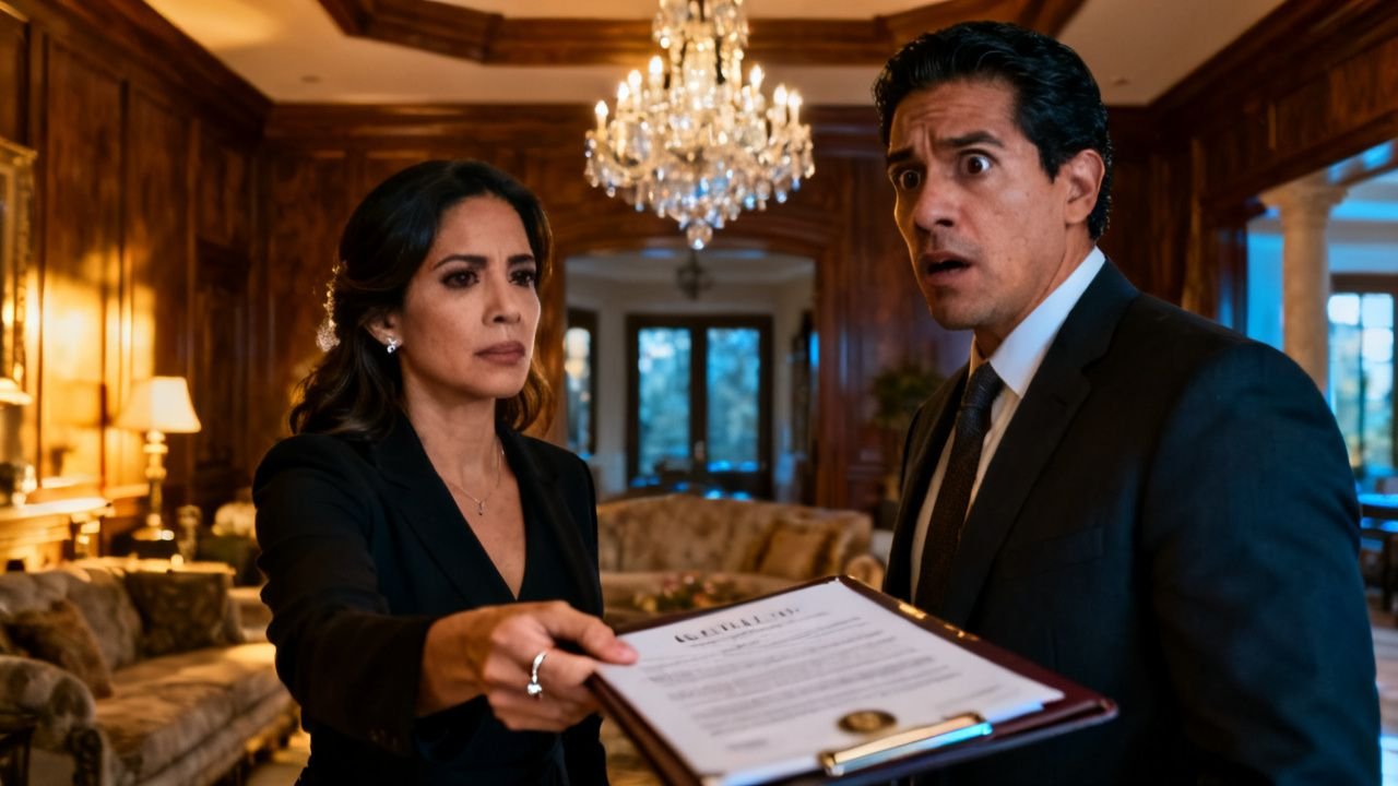 Mujer entregando una carpeta con un anillo de matrimonio encima a su esposo y suegra en la entrada de una casa