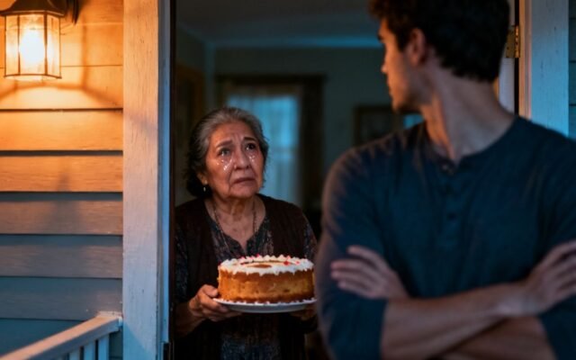 Madre con pastel de cumpleaños frente a la puerta de su hijo que no la deja entrar