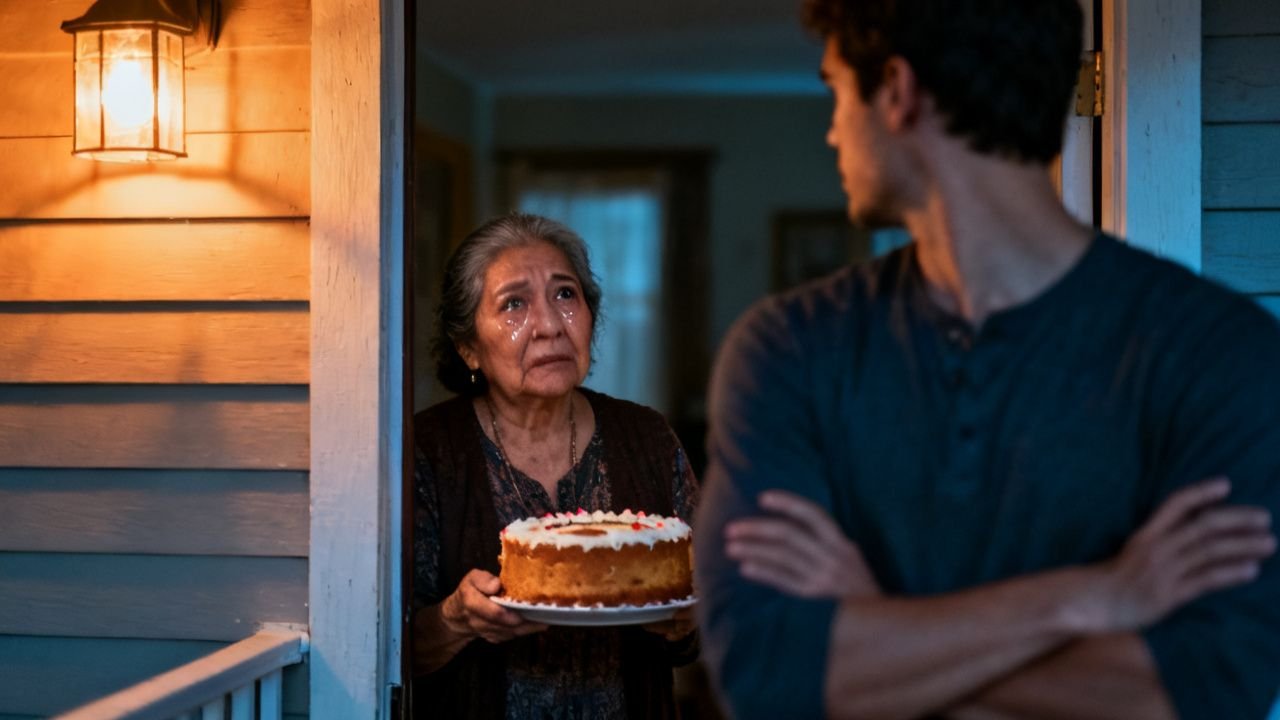 Madre con pastel de cumpleaños frente a la puerta de su hijo que no la deja entrar