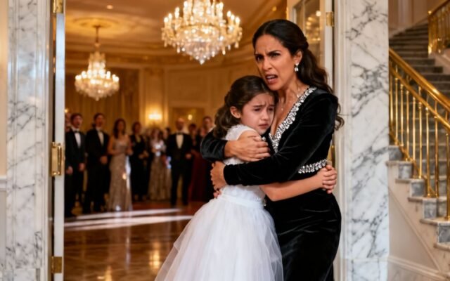 Madre abrazando a su hija pequeña en una gala elegante mientras señala a un empresario frente a la multitud