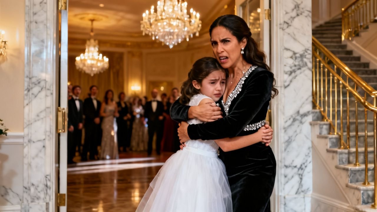 Madre abrazando a su hija pequeña en una gala elegante mientras señala a un empresario frente a la multitud