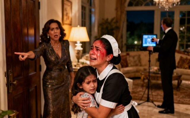 Empleada doméstica con delantal azul abrazando a su hija pequeña en el salón de una mansión