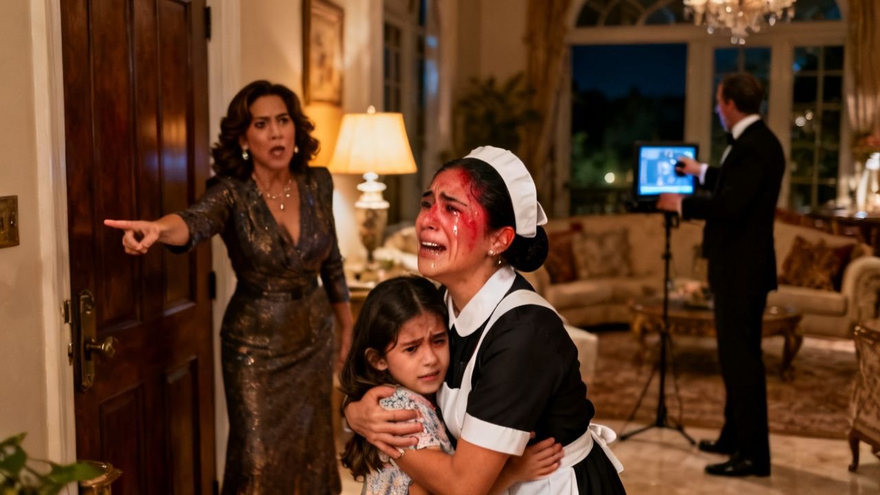 Empleada doméstica con delantal azul abrazando a su hija pequeña en el salón de una mansión