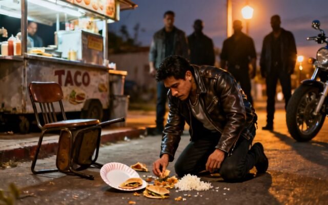 Puesto de tacos callejero por la noche con mesa número siete y plato de comida en el suelo junto a un poste de luz