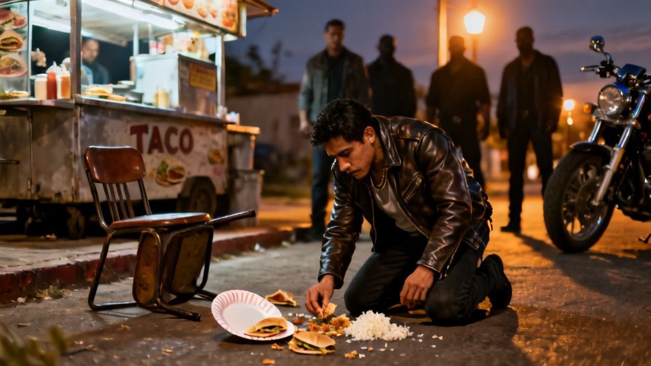 Puesto de tacos callejero por la noche con mesa número siete y plato de comida en el suelo junto a un poste de luz