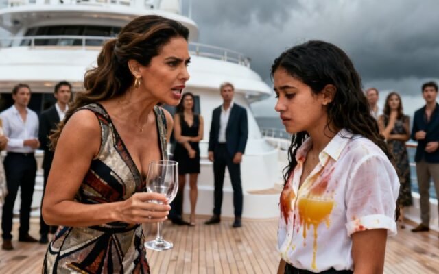 Mujer adinerada vaciando un vaso de jugo sobre una joven frente a invitados en la cubierta de un yate de lujo