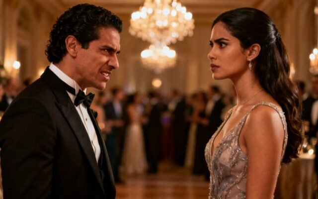 Hombre elegante entrando al salón dorado de una fiesta mientras los invitados lo observan en silencio