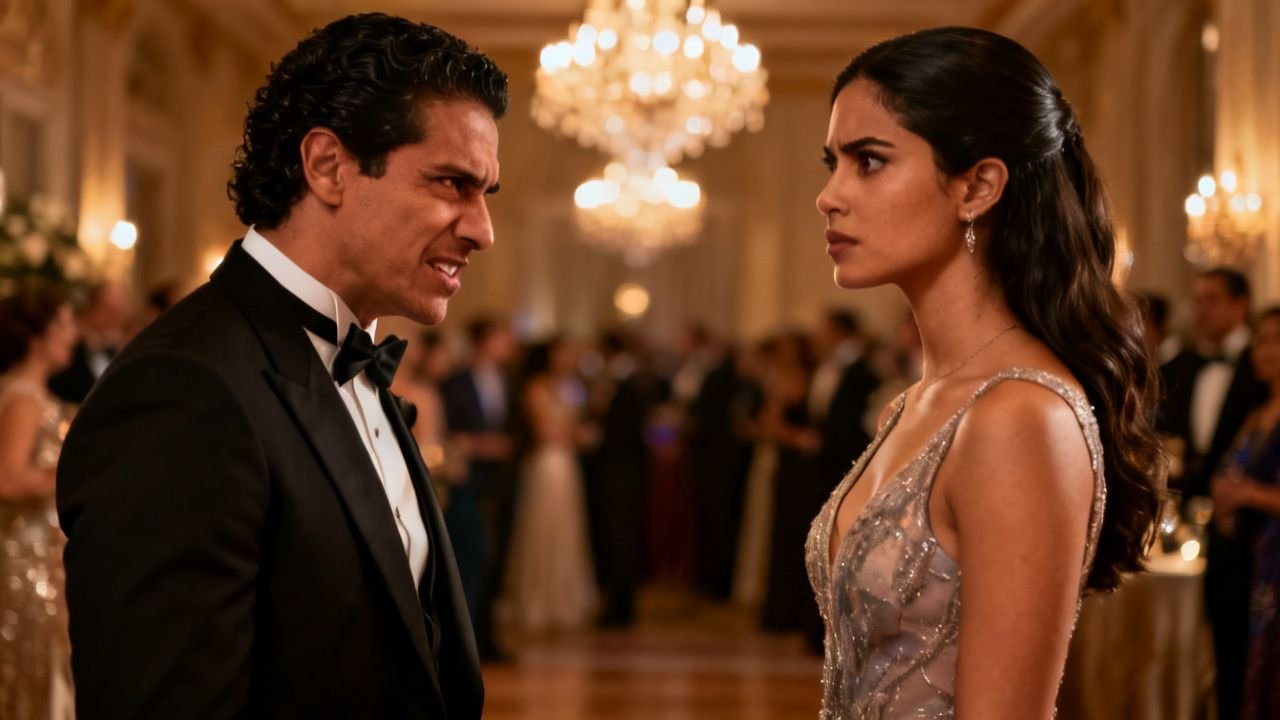 Hombre elegante entrando al salón dorado de una fiesta mientras los invitados lo observan en silencio