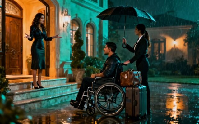 Hombre en silla de ruedas bajo la lluvia frente a una mansión, siendo echado por su pareja mientras una asistente sostiene un