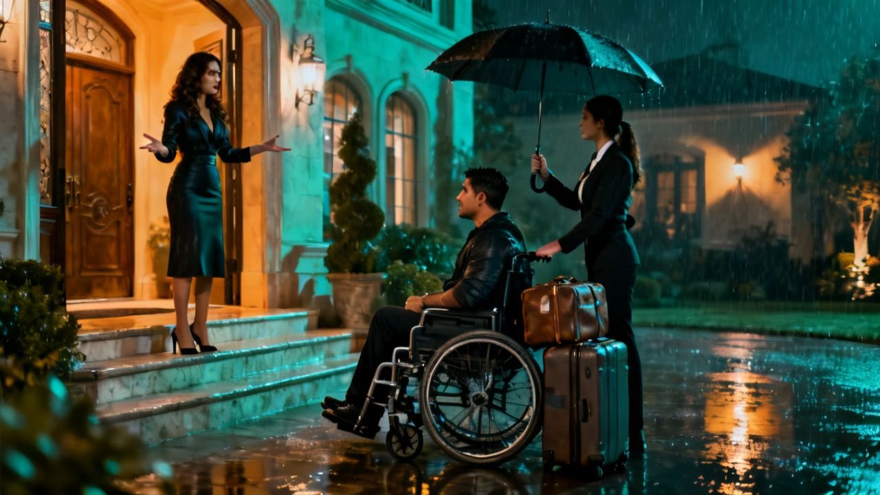 Hombre en silla de ruedas bajo la lluvia frente a una mansión, siendo echado por su pareja mientras una asistente sostiene un